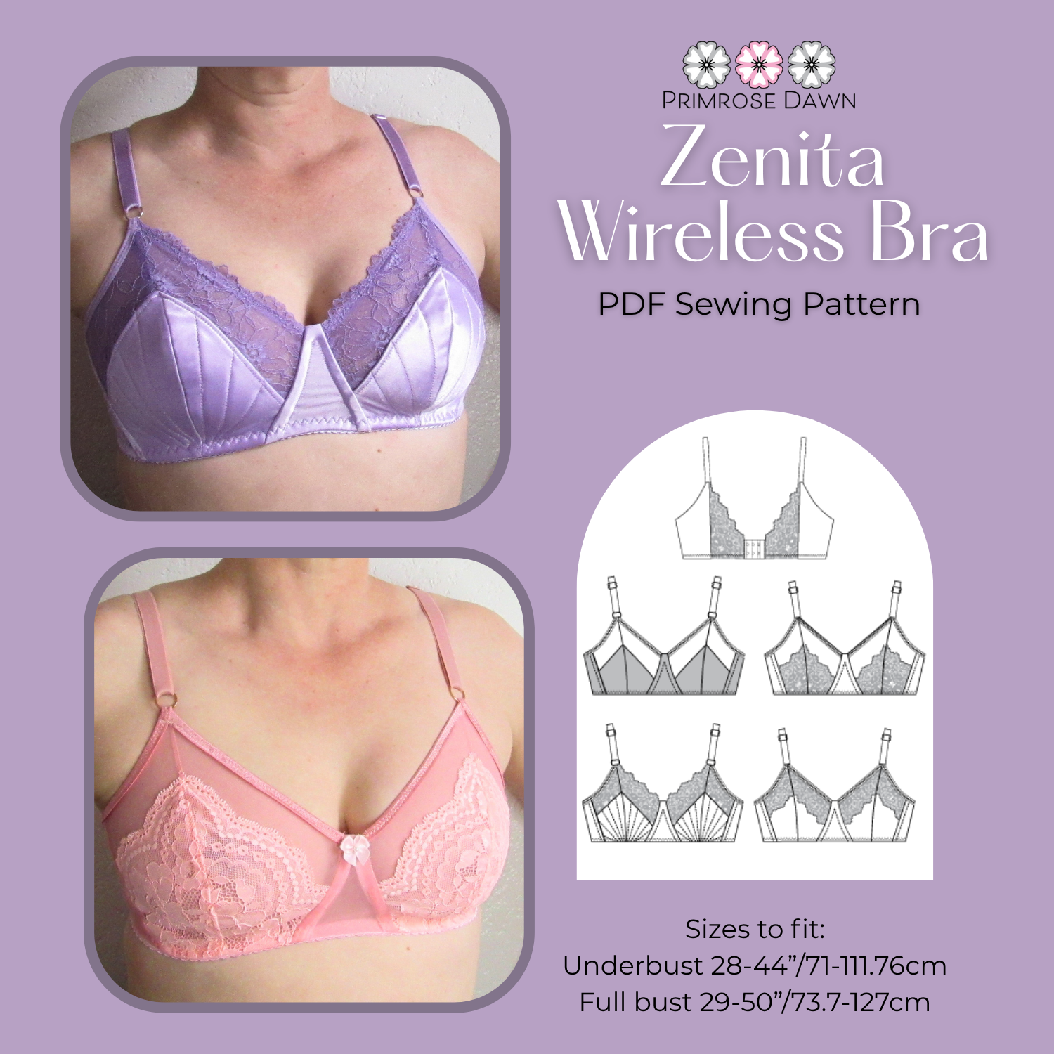 Zenita Wireless Bra PDF sewing pattern: wire-free bra for low
